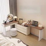 Goldoma Modern Minimalist Wooden Dressing Table with Mirror and Stool – angled view