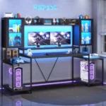 Gaming Desk 74.8'' with LED Lights, Hutch and Storage Shelves, Computer Desk with Monitor Stand, Large PC Gamer, Customized