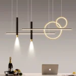 Black and gold pendant light hanging from a high ceiling in a spacious dining room.