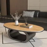 Modern coffee table with sintered stone top in black frame and bright fish belly white finish, rectangular shape