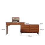 Minimalist oak wood dressing table with mirror, stool, and six drawers in a modern bedroom setting