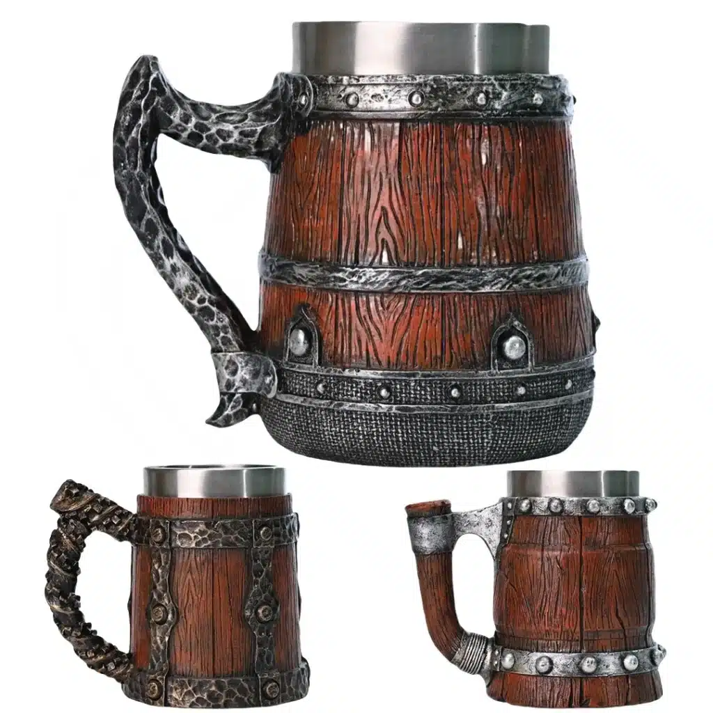 New Viking Imitation Wood Resin Beer Mug Retro Handmade Large-capacity Stainless Steel Liner Wine Glass Beer Jugs Bar