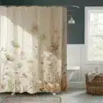 Beige Floral Shower Curtain Soft Light Effect Botanical Design Elegant Bathroom Decor Waterproof Fabric Nature Inspired