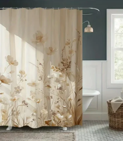 Beige Floral Shower Curtain Soft Light Effect Botanical Design Elegant Bathroom Decor Waterproof Fabric Nature Inspired