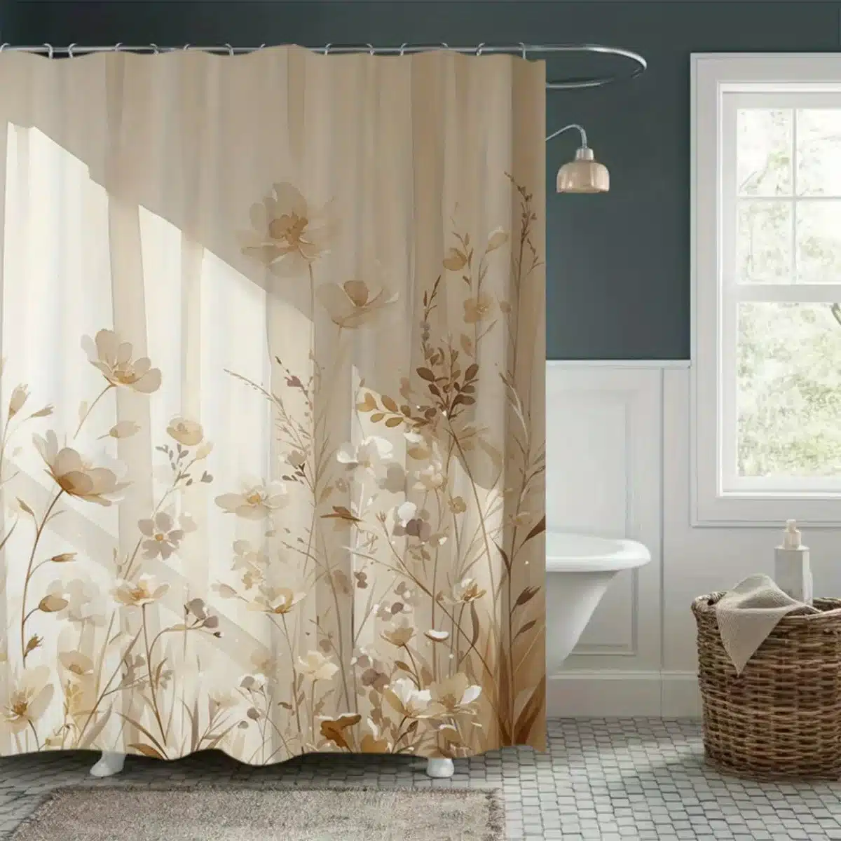 Beige Floral Shower Curtain Soft Light Effect Botanical Design Elegant Bathroom Decor Waterproof Fabric Nature Inspired
