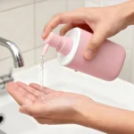 Pink toothbrush holder and wash cup on a wooden bathroom shelf.