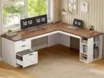 Farmhouse 67" L Shaped Desk with 3 Drawers, Executive Desk, Home Office Desks with Storage Shelves, Corner Computer,