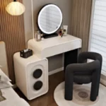 Modern white wood dressing table with mirror and three drawers in bedroom setting