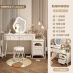 Modern wood makeup vanity table with mirror, drawer, and stool in a bedroom setting