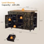 52-inch rolling kitchen island with storage in black and gold, featuring drop leaf and spice rack