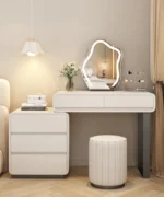 Modern bedroom vanity table with mirror and storage drawers, makeup vanity desk with stool