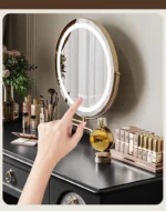Goldoma compact vanity desk with drawer storage and mirror in a corner bedroom setting