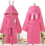 100% Cotton Children Hooded Bathrobe Cartoon Rabbit Cute Soft Warm Solid Belted Robes for Kids – side view