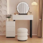 Modern vanity table with mirror and storage drawers in a bedroom setting