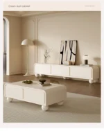 Nordic wood TV stand with drawers in a modern living room corner, featuring clean lines and ample storage