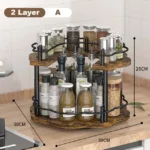 Kitchen countertop organizer with 360° rotating wooden spice rack holding oil, salt, and soy sauce bottles