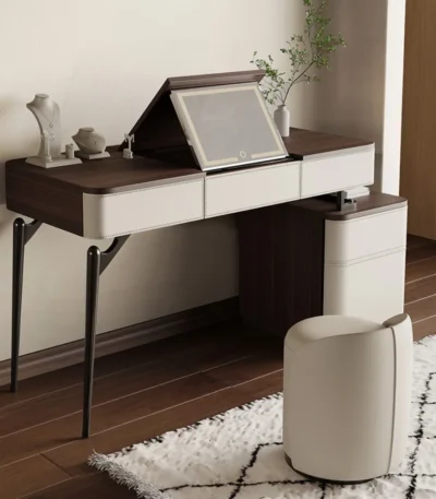 White corner dressing table with mirror and stool for makeup organization