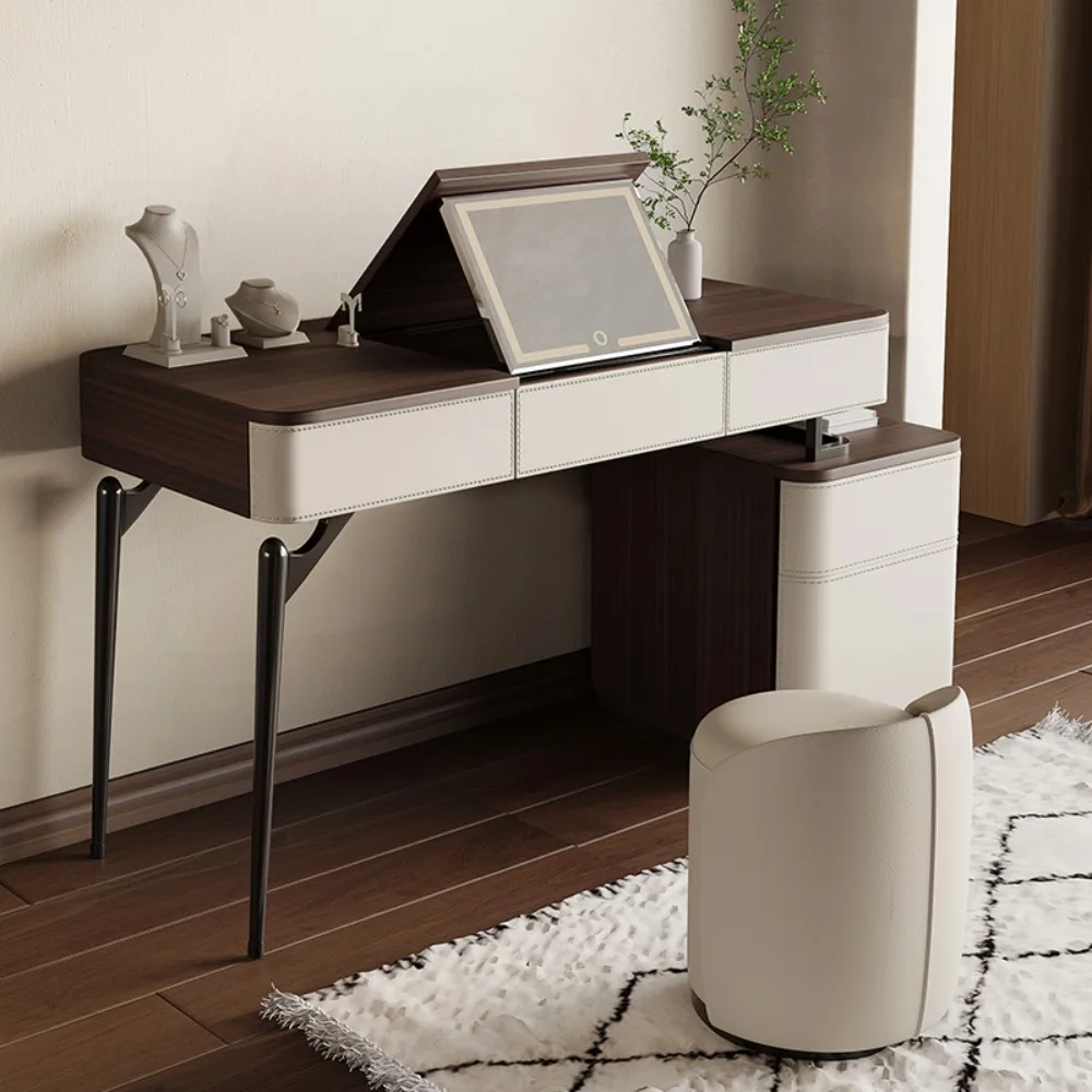 Corner Dressing Table with Mirror and Stool – White Vanity Makeup Desk