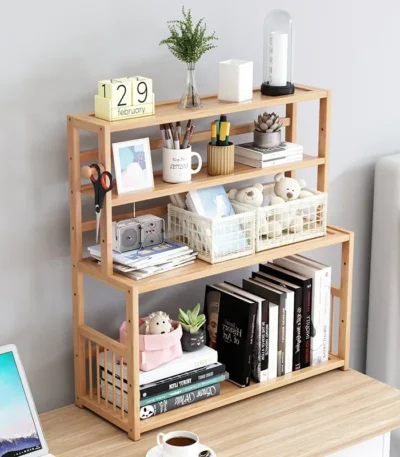 Wood 3 Layers Bookshelf Desk Organizer Student Book Holder Home Sundries Storage Shelve Kitchen Seasoning Rack Desk