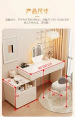 White wooden dressing table with mirror and stool in a modern bedroom setting, featuring LED lighting and organized drawers - Goldoma dressing table with mirror