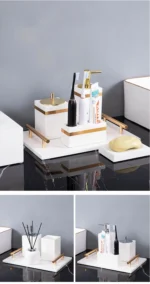 Minimalist Volakas White Natural Marble Set for Bathroom Luxury Soap Dispenser Toothbrush Holder Tray Bathroom Set