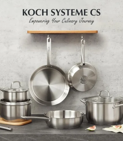 10-piece stainless steel cookware set with pots and pans on a modern kitchen counter