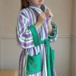 Color Matching Cotton Bathrobe Striped CottonYarn Bathrobes Soft Cozy Absorbent Bath Towel Robes V Neck Hooded Loose