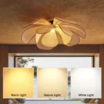 Handwoven rattan ceiling light in a modern dining room setting