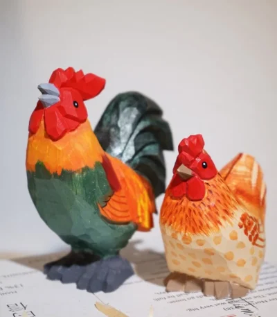 Farmyard Rooster and Hen Handmade Wood Sculpture Countryside Themed Office Home Desk Decor Set DIY Landscape Miniatures