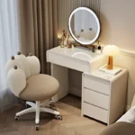 Modern makeup vanity desk with mirror and stool in cream finish - Goldoma