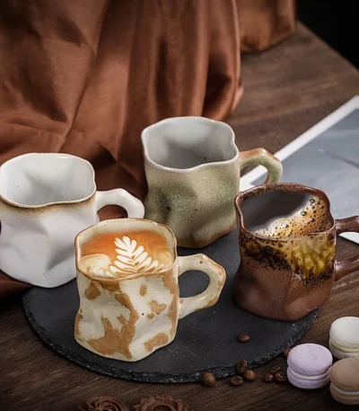 Japanese simple stoneware coffee cup on wooden table