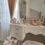 Modern wooden vanity table with mirror and stool in white finish for bedroom