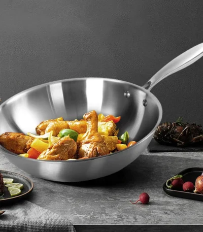 Tri-Ply 12.6 Inch Stainless Steel Wok Pan with Lid Stir-Frying Pan Induction Wok Dishwasher and Oven Safe Detachable Handle