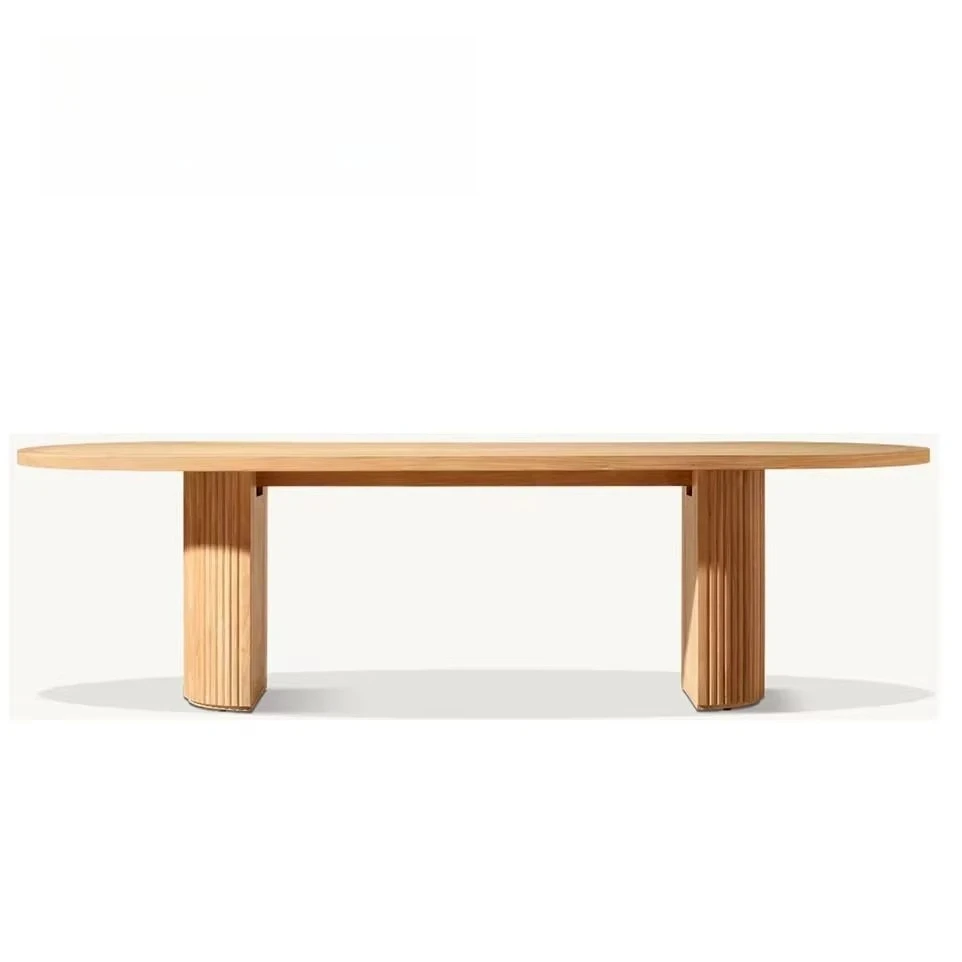 S2642bc83991e41789a79121f94ddcaeeY.webp French retro oval dining table with natural wood top and teak base in a dining room setting