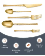 Goldoma stainless steel cutlery set with hammer pattern handles on a wooden table