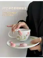 European Relief Ceramic Tulip Cup Afternoon Tea Dessert Pastry Tea Cup Painted Flowers Coffee Mug Couple's Water Cup Café