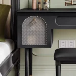 Goldoma compact vanity desk with drawer storage and mirror in a corner bedroom setting
