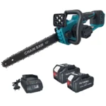 Cordless brushless chainsaw cutting a log in a garden