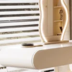 Modern dressing table organizer shelf with 2-tier minimal design holding makeup and accessories on vanity