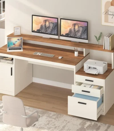 65 Inch Computer Desk with 3 Drawers & Storage Shelves, Executive Desk with File Drawer & Cabinet, Home Office Desk,