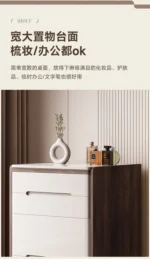 Modern dressing table organizer with shelves for makeup and jewelry in a minimalist bedroom setting