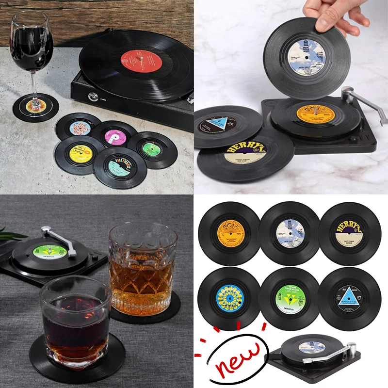 S28463f3bf27c400e86142103d3390786B.webp Set of vinyl record coasters on a wooden table