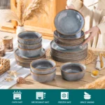 Grey-blue reactive glaze stoneware dinnerware set with plates and bowls on wooden table