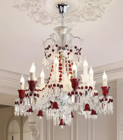 Modern red crystal chandelier with clear red K9 crystals hanging in a living room