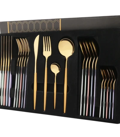 Elegant stainless steel cutlery set with gold mix handles displayed on a table