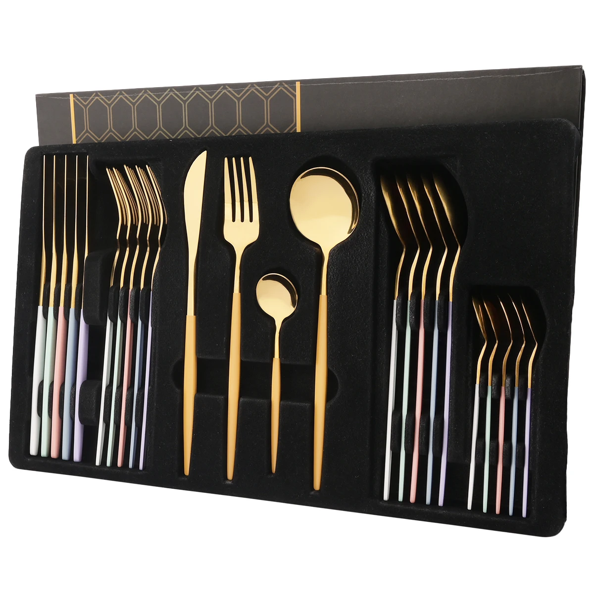 Elegant stainless steel cutlery set with gold mix handles displayed on a table
