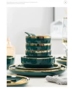 Green With Gold Inlay Quality Plates Full Set Luxury Steak Food Tray Ceramic Dinner Dish Salad Bowl Spoon Porcelain
