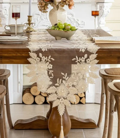 European Style Tassel Table Runner Embroidered Lace Table Flag Long Strip Fabric Cover TV Cabinet Dining Table Cloth