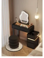 Luxury modern dressing table with mirror and stool in bedroom setting featuring compact vanity with drawers