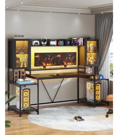 Gaming Desk 74.8'' with LED Lights, Hutch and Storage Shelves, Computer Desk with Monitor Stand, Large PC Gamer, Customized